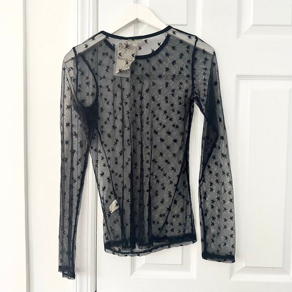 Hem & Thread NWT Black Mesh Long Sleeve Star Embroidered Base Layer Tee M/L - Picture 2 of 7